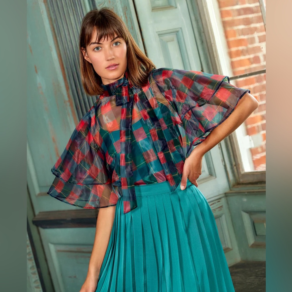 Vibrant Plaid Sheer Blouse